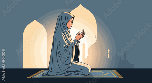 A Muslim woman in a blue hijab and dress kneels on a prayer mat while praying in a mosque during Ramadan.