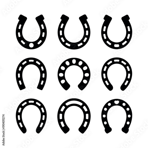 A collection of black horseshoe icons on a white background, symbolizing good luck and fortune.