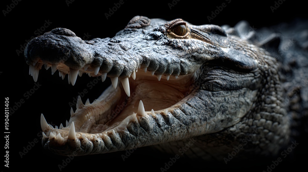 Obraz premium Close-up of a fearsome crocodile with its jaws wide open, showcasing sharp teeth.