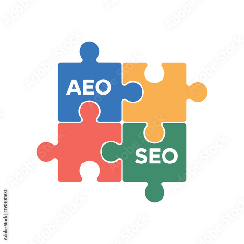 A colorful puzzle piece graphic illustrating SEO and AEO concepts in digital marketing strategy