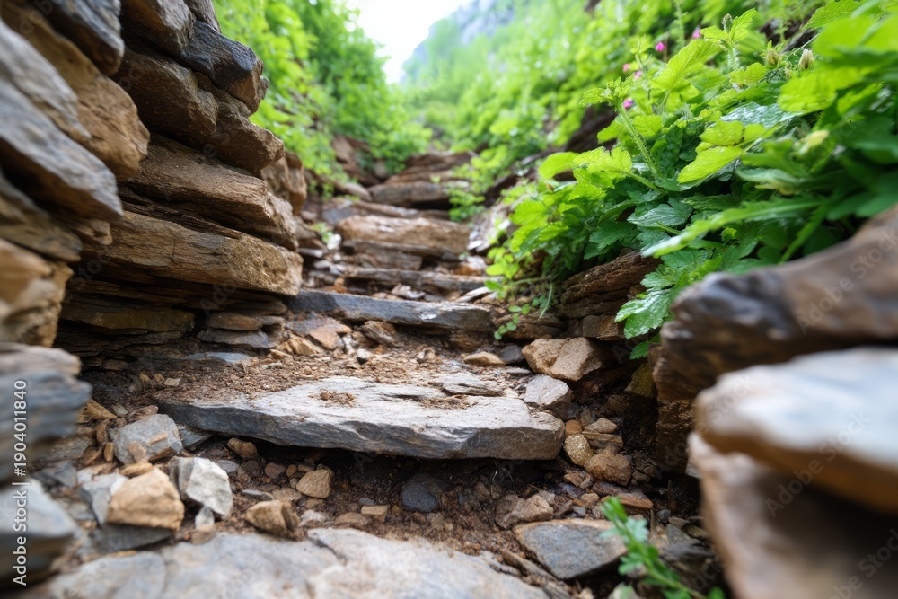 Fototapeta premium Worn Ancient Footpath Carved Into Rock by Centuries of Walking Through Lush Greenery