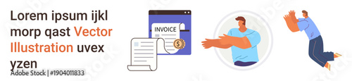 Finance, teamwork, digital systems, human interaction, invoicing, online services. An invoice document, a person reaching out and someone jumping. Finance and teamwork concepts