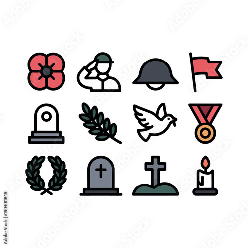 A collection of Remembrance Day icons featuring poppies, soldiers, and memorial symbols on a white background.