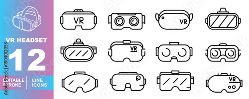 Virtual Reality Headset and Metaverse Goggles Line Icon Set. Editable stroke icons for digital entertainment and immersive technology. Featuring various high-tech hardware designs: sleek standalone VR