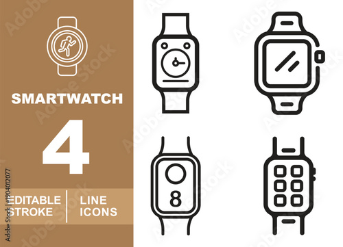 Smartwatch and Wearable Device Line Icon Set. Editable stroke icons for digital watch design and mobile interface prototyping. Featuring modern square and rounded watch face styles: a classic analog 
