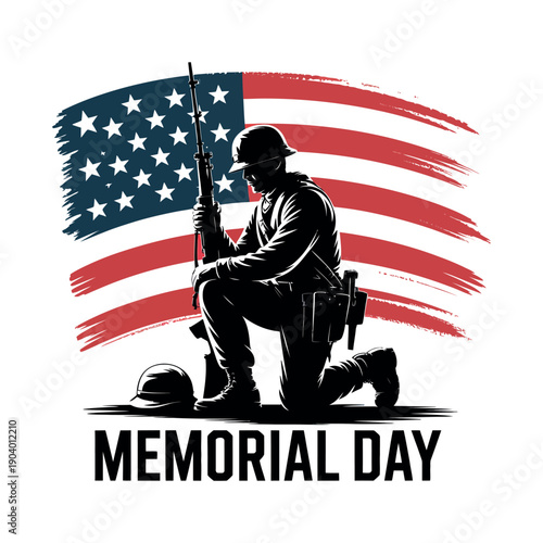 A soldier kneels in front of an American flag on Memorial Day, honoring fallen veterans with a rifle and helmet.