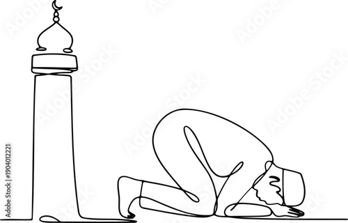 Black and white line of a person kneeling in prayer beside a minaret silhouette worship