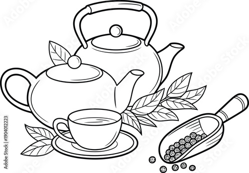 Black and white line of a teapot cup saucer and pepper scoop with leaves