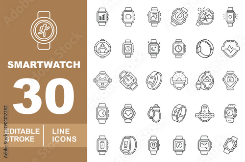Smartwatch and Wearable Health Technology Line Icon Set. Editable stroke icons for digital watch interfaces and fitness tracking applications. Featuring a massive collection of functional symbols