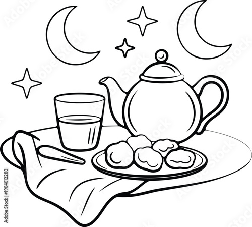 Black and white line of a teapot glass and plate with pastries on a cloth under moons and stars
