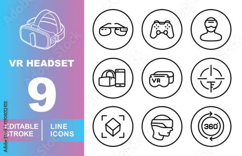 Virtual Reality Headset and Metaverse Technology Line Icon Set. Editable stroke icons for futuristic digital experiences and augmented reality interfaces. Featuring various high-tech symbols