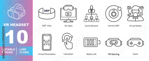 Virtual Reality Headset and Metaverse Technology Line Icon Set with Labels. Editable stroke icons for digital entertainment and futuristic tech interfaces. Featuring key VR concepts: 360-degree view