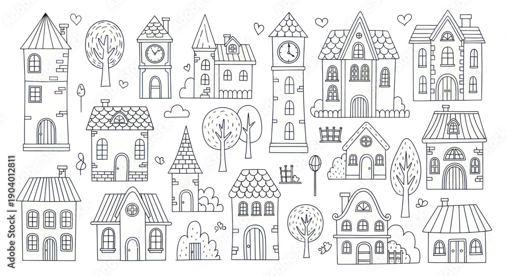 Fototapeta premium Collection of Hand-Drawn Doodle Houses and Buildings with Trees.