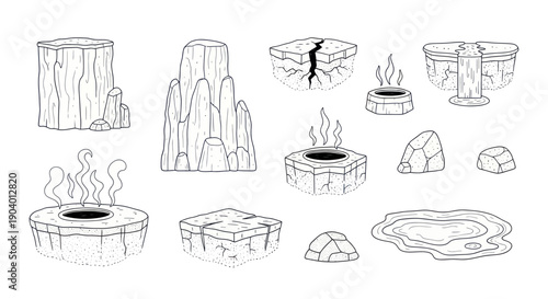 Collection of Hand-Drawn Fantasy Game Assets - Rocks, Pillars, and Magical Wells.