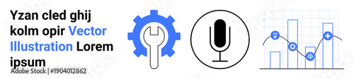 Technology, communication, analytics, business tools, system maintenance, digital services. Blue gear with wrench, microphone icon bar graph with trend lines. Technology and communication concept