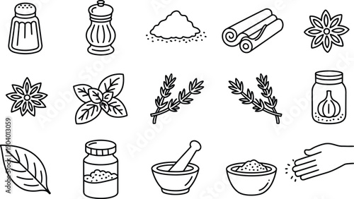 Black and white line of various spices herbs and kitchen ingredients with mortar and jar