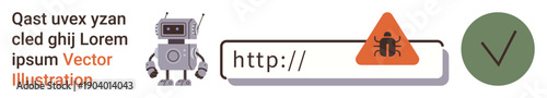 Cybersecurity, malware detection, online security, virus prevention, digital safety, web protection. A robot, malware warning sign and secure verification symbol. Cybersecurity and malware detection