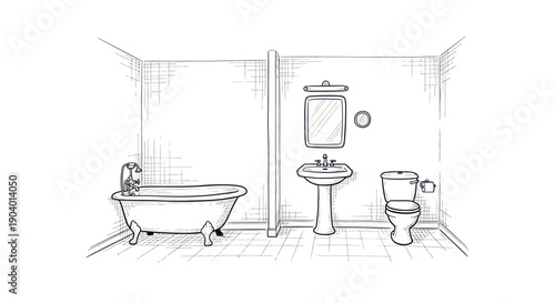 Detailed Line Art Drawing of a Classic Bathroom Interior with Bathtub, Sink, and Toilet.