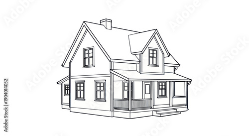Detailed Line Art Drawing of a Classic Two Story House with Porch.