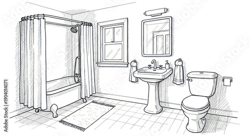 Detailed Line Art Drawing of a Classic Bathroom Interior.