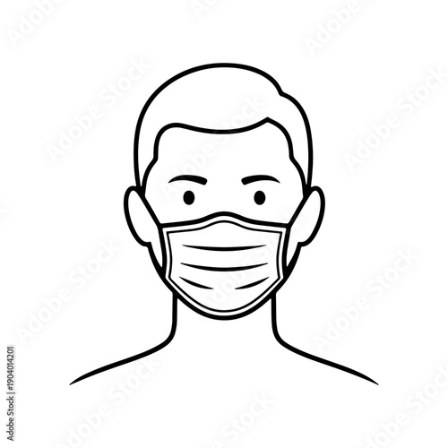 A clean and minimalist line art illustration of a man wearing a surgical face mask, representing health safety, medical protection, and virus prevention.