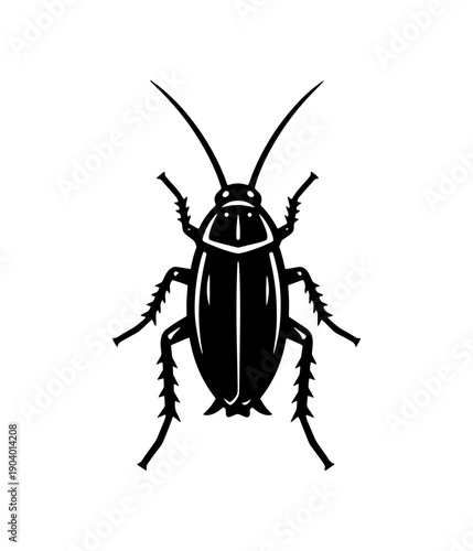 A professional woodcut-style black and white cockroach icon isolated on white, perfect for pest control branding, scientific infographics, and educational content.
