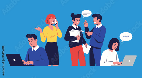 Diverse group of business professionals collaborating and working in an office setting.