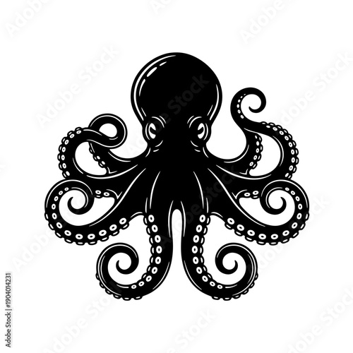 Detailed black and white octopus graphic in a woodcut style. Ideal for nautical logos, t-shirt designs, tattoos, and marine-themed branding. Isolated on white.