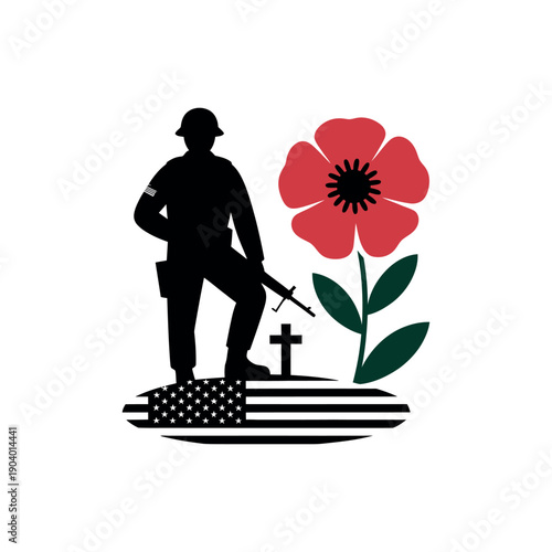 A poignant memorial graphic honoring a fallen soldier with a poppy and American flag