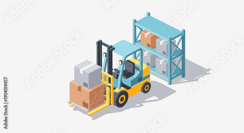 Forklift Truck Moving Boxes in Warehouse Storage Area.