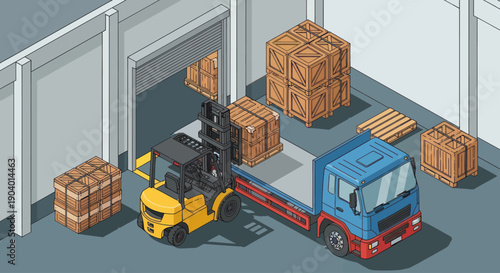 Forklift loading cargo boxes onto a truck at a warehouse loading dock.