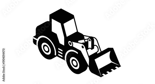 Front Loader Construction Vehicle Black and White Icon.