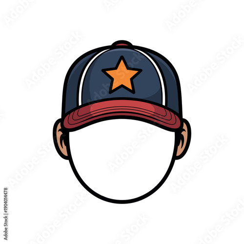 A cartoon illustration of a man's head wearing a blue baseball cap with a red brim and an orange star