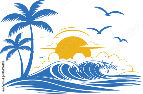 Tropical sunset scene with blue palm trees waves and seagulls silhouette