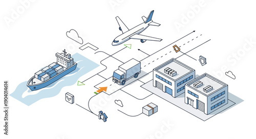 Global Logistics Network Connecting Ship Truck and Airplane for Delivery.