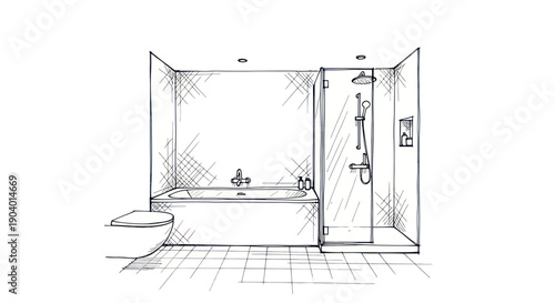 Hand drawn sketch of a modern bathroom interior design.