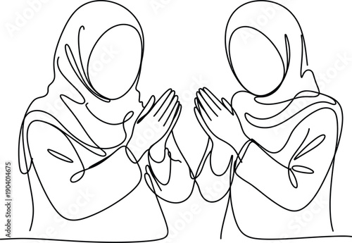 Two faceless individuals in hijabs praying with hands together in monochrome line prayer