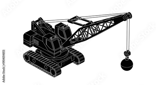 Heavy Duty Demolition Crane with Wrecking Ball Outline Illustration.