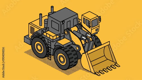 Heavy duty front end loader construction vehicle isometric illustration.