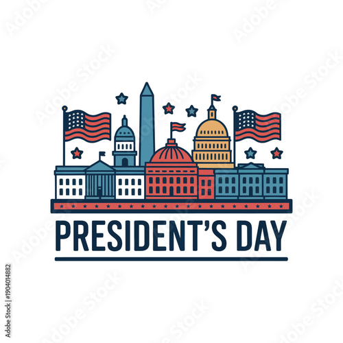 A colorful illustration of famous American buildings on President's Day with flags and stars