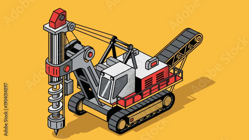 Heavy-duty construction piling rig with auger drill, isometric view.
