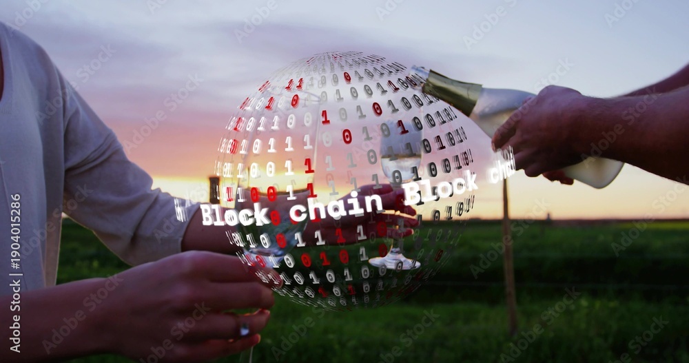 Fototapeta premium Holding couple getting poured wine into wine glasses in grassy sunset field with Block chain globe