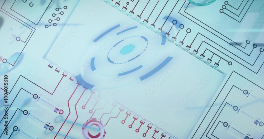 Naklejka premium Displaying central translucent panel showing concentric rings and circuit traces in studio flatlay