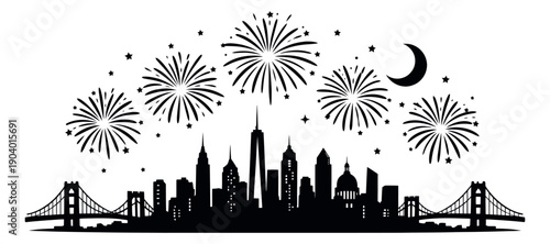 Graphic illustration of a city skyline depicting a nighttime celebration with fireworks and bridges for urban events and holidays