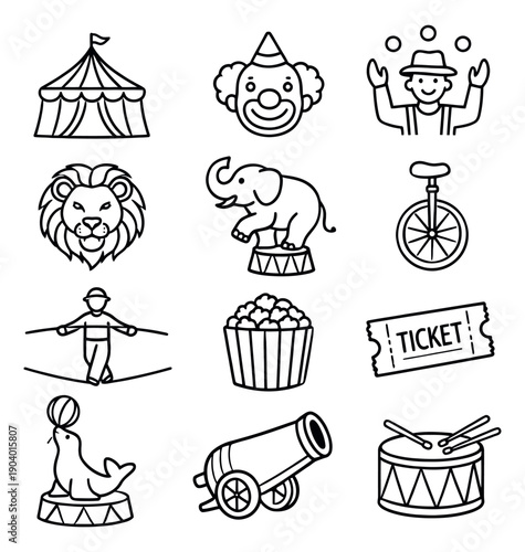 Hand drawn outline circus icon set featuring classic show elements and characters for entertainment design