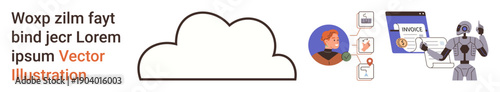 Cloud technology, digital communication, AI development, data storage, cybersecurity, online payments. A cloud, a chatbot human icons an invoice interface a security robot. Cloud technology