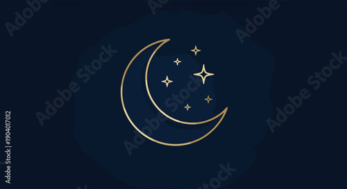 Golden Crescent Moon and Stars Celestial Icon.