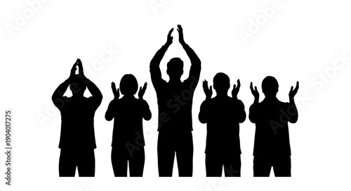 Group of People Silhouettes with Hands Raised.