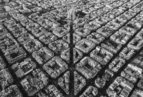 Photography Black and white aerial view of Barcelona skyline with Eixample grid and Sagrada