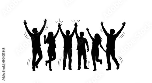 Group Silhouettes Jumping with Arms Raised.
